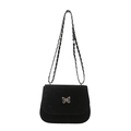 Retro black velvet saddle bag with silver butterfly metal buckle and chain strap - Black