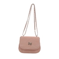 Pink faux leather crossbody bag with silver butterfly clasp and chain strap on white background - Pink