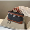 Navy denim box bag with brown leather trim and silver clasp detail for women - Black