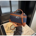 Retro denim crossbody bag with brown leather trim and top handle in dark blue finish - Dark Blue