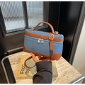 Denim and brown leather拼接 cross-body box bag with top handle and silver hardware - Light Blue