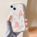 Detail of clear phone case with 3D pink butterflies and white pearls for iPhone 15/14 - Cream Case-White Glitter Drip-Pearl Butterfly / iPhone 7/8/SE 2020