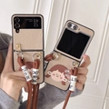 Samsung Z Flip fold phone case with champagne gold glitter and cute girl decor and strap - Fine Leather Texture Silicone Brown Ponytail Girl Gold (Double Ring Crossbody Rope) / Samsung ZFlip3