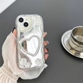 Dettaglio custodia a specchio a cuore argento con strass e decorazioni floreali - Specchio a Cuore con Rosa (iPhone 7/8/SE 2020)