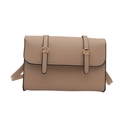 Minimalist light brown faux leather crossbody bag with elegant gold circular metal accents - Khaki