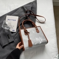 Borsa tote vintage grigia con finiture in pelle marrone e tracolla per uso casual - Marrone