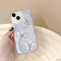 Detail of 3D crystal butterfly decorations on a pearlescent purple iPhone case - Blue Colorful Butterfly / iPhone 7/8/SE 2020