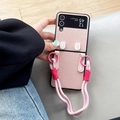 Pink leather Galaxy Z Flip 5 case with braided crossbody strap and cute ear design - Leather Texture-Rabbit Ears-Pink / Samsung ZFlip3