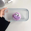 Vista dettagliata di un supporto per telefono in peluche viola con grandi occhi - Staffa Bianca - Peluche Bocca Grande - Viola