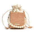 Elegante beige Spitzen-Eimertasche mit Perlen Griff und goldener Kette - Khaki