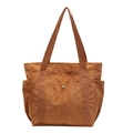 Brown corduroy tote bag with large capacity and shoulder straps for casual commute - Tan
