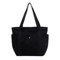 Black corduroy tote bag with front pocket and side pockets on white background - Black
