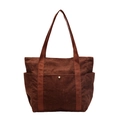 Brown corduroy tote bag with side pockets and metal buckle detail on a white background - Dark Brown