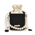 Elegant black and white bucket bag with pearl handle and golden chain strap for women - Black