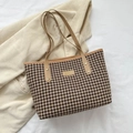 Klassische Shopper-Tasche mit Hahnentrittmuster, Ledergriffen und Goldnieten - Khaki