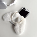 Detail of white plush rabbit ear case with pearl handle for foldable smartphone - Samsung ZFlip3 / White