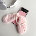 Pink plush rabbit ears case for Z Flip phone with decorative pearl strap handle - Samsung ZFlip3 / Pink