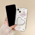 Sparkly butterfly phone case with heart mirror and rhinestones on wavy glitter background - Cream-Pearlescent Laser Butterfly Heart Mirror / iPhone 7/8/SE 2020