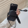Close-up of black quilted leather mini backpack phone case with golden zipper detail - Black / OPPO Find N3 Flip