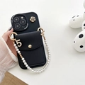 Detail of black leather wallet phone case with pearl chain and rose flower charm - Big Eyes - Camellia Round Wallet (5-shaped Chain) - Black / iPhone 7/8/SE 2020