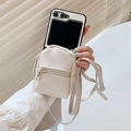 Close-up of cream quilted mini backpack phone case with golden hardware and crossbody strap - Off White / OPPO Find N3 Flip