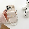 Detail of cream leather iPhone case with pearl strap and gold rose charm ornament - Big Eyes - Camellia Round Wallet (5-shaped Chain) - Apricot / iPhone 7/8/SE 2020