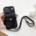 Detail of black iPhone case with leather card holder, golden camellia and shoulder strap - Big Eyes - Camellia Round Wallet (crossbody Strap) - Black / iPhone 7/8/SE 2020