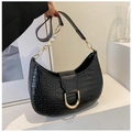 Sac croissant noir motif crocodile avec boucle dorée et bandoulière à perles chic - Noir