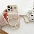 Detail view of cream leather phone wallet case with adjustable crossbody strap and flower - Big Eyes - Camellia Round Wallet (crossbody Strap) - Apricot / iPhone 7/8/SE 2020