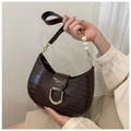 Dark brown faux leather crescent bag with crocodile pattern and pearl strap detail - Coffee
