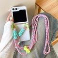 Verstellbarer rosa-blauer Web-Schultergurt mit neongrünem Ring für Z Flip Handyhülle - Transparente Hartschale mit farbigem geflochtenem Seil / Rosa / Samsung ZFlip3