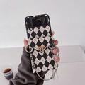 Funda plegable vintage de rombos con correa de perlas para Samsung Z Flip - Argyle Negro (Cartera con Cierre + Cadena de Cuentas de Hierro Smile) / OPPO Find N3 Flip