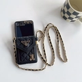 Quilted black phone case for Samsung Z Flip 5 with bear charm and crossbody metal chain - Cross Pattern Bear Triangle Wallet / Black / OPPO Find N3 Flip