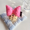 Detail of plush plushie phone clip with pink satin bow and embroidered biscuit character - Back Clip Style-Shiny Pink Bow-Apricot Cookie