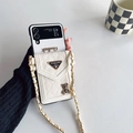 White quilted leather case for Samsung Z Flip 5 with chain strap and bear charm decoration - Cross Pattern Bear Triangle Wallet / White / OPPO Find N3 Flip