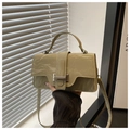 Close-up of light green glossy wrinkled leather handbag with silver metallic buckle detail - Green