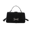 Retro black faux suede handbag with silver metal buckle and adjustable shoulder strap - Black