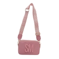 Pink camera crossbody bag with wide geometric woven strap and 3D embossed logo design - Pink