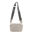 Beige camera bag with embossed SM letters and a wide geometric jacquard shoulder strap - White