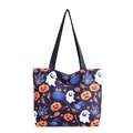 Bolso tote grande de Halloween con estampado de fantasmas, calabazas y sombreros - Azul Patrón 2