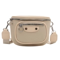 Minimalist beige pebble leather crossbody bag with wide strap and large ring zipper - Beige