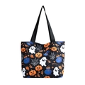 Bolso tote de lona de Halloween con estampado de calabaza, fantasma y sombrero de bruja - Negro Patrón 2