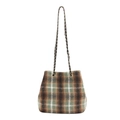 Bolso tipo cubo de lana a cuadros verdes con correa de cadena para estilo de otoño - Cuadros Verdes