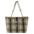 Borsa tote in lana scozzese con catena dorata e ciondolo a cervo in verde e marrone scuro - Verde