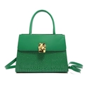 Emerald green crocodile pattern leather handbag with golden metal buckle clasp - Green