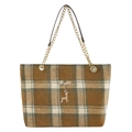 Borsa tote retrò a quadri con catena dorata e ciondolo a cervo in lana marrone e beige - Marrone