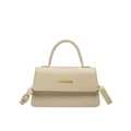 Borsa a tracolla retrò beige con manico superiore e scritta 'FASHION' dorata lucida - Cachi