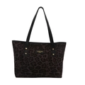 Trendy leopard print tote bag with black leather straps and gold rivet detailing - Brown