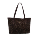 Leopard print faux fur tote bag in brown and black with golden metal rivets and top handles - Pink
