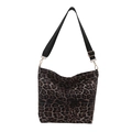 Leopard-Canvas-Beuteltasche mit breitem schwarzen Gurt und goldener Hardware - Braun